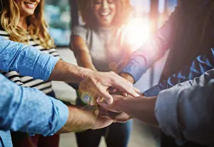 Link Prints: Hands, group and stack at office with support