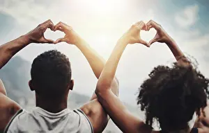 Runner Prints: Hands in heart, fitness and couple in city for exercise