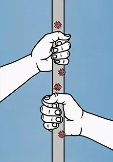 Crisis Prints: Hands holding pole covered with COVID-19 coronavirus