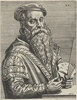 In his hands he holds a painter's palette and brushes In the margin a four-line caption in Latin