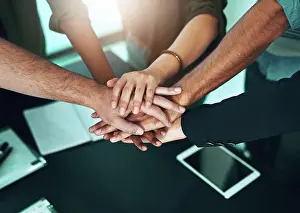 Join Prints: Hands, together and join us for teamwork collaboration in business