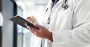 Checklist Prints: Hands, man or doctor on tablet in hospital for schedule