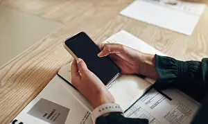 Paperwork Prints: Hands, notebook and phone with business person at table in boardroom of office for meeting or planning