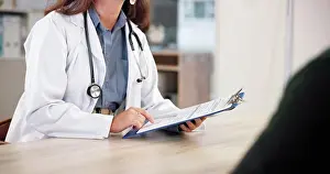 Chart Prints: Hands, person and doctor with clipboard in hospital for assessment