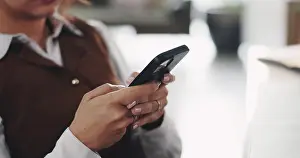 Texting Prints: Hands, person and reading with phone in home for research
