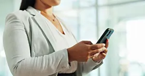 Cellphone Prints: Hands, phone or businesswoman on social media for communication