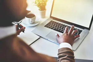 Mockup Prints: Hands, screen and business person on laptop for social media campaign