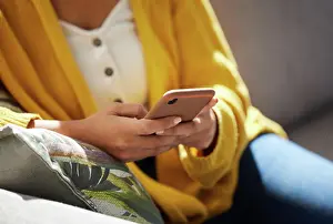 Network Prints: Hands, student and typing with phone at house of social media