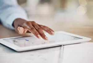 Tablet Prints: Hands, tablet and finance with the hand of a business woman working online in her office at work