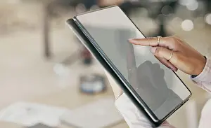 Analysis Prints: Hands, tablet and screen for business woman for click