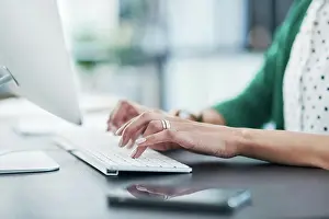 Deadline Prints: Hands, typing and keyboard with computer in office