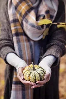 Thanks Giving Prints: Hands of woman holding a little pumpkin