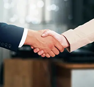 Partnership Prints: Handshake, agreement and business people with deal