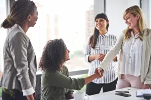 Paperwork Prints: Handshake, collaboration and businesswomen with smile