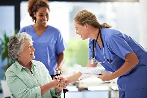 Personal Prints: Handshake, nurse smile and senior woman in wheelchair with medical results and surgery success news