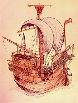 Cargo Prints: Hanseatic Cog cargo ship, 13th cent. Woodcut