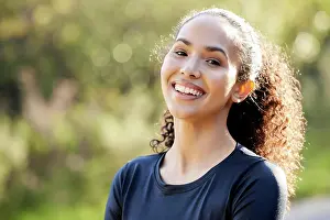 Runner Prints: Happiness, portrait and woman in nature for fitness