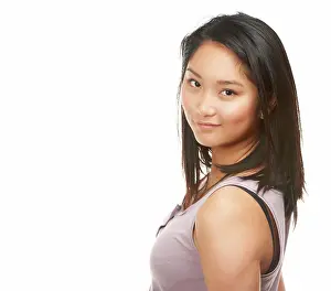 Mockup Prints: Happy, asian woman and portrait with natural beauty or haircare on a white studio background