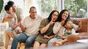 Elderly Prints: Happy big family, sofa and selfie in photography