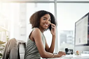 Chatting Prints: Happy black woman, portrait and discussion with phone call for business proposal or communication at office