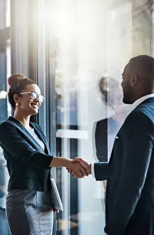 Networking Prints: Happy, business and people with handshake in office for welcome