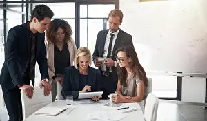 Target Prints: Happy business people, meeting with collaboration and tablet