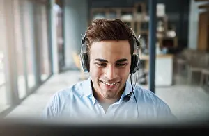 Call Prints: Happy businessman, call center and consulting with smile for customer service