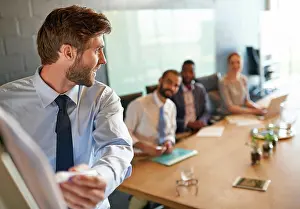 Speak Prints: Happy businessman, presentation and discussion with whiteboard for review