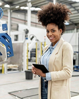 Business And Occupation Prints: Happy businesswoman holding tablet PC standing in factory