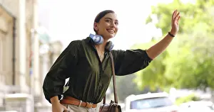 Call Prints: Happy, city and woman calling cab