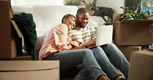 Speaking Prints: Happy, couple and browsing on laptop in new home