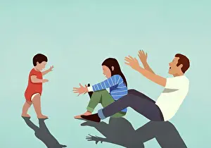 Beginnings Prints: Happy couple cheering for baby son taking first steps