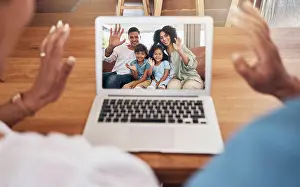 Video Prints: Happy couple, laptop and video call with family in communication