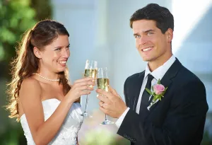 Cheers Prints: Happy couple, wedding and cheers with champagne in celebration for marriage