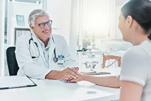 Good Prints: Happy doctor, patient and holding hands for comfort in consultation for healthcare or good results