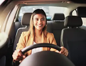 Commute Prints: Happy, driving and business woman in car to travel