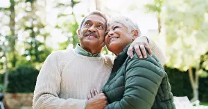 Retirement Prints: Happy, embrace and senior couple in garden