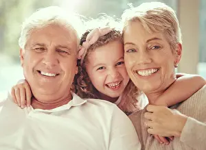 Grandparents Prints: Happy family, children and grandparents hug and bond in living room together