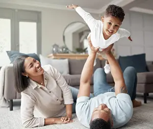 Carpet Prints: Happy family, kids and flying games in home on living room floor for fun
