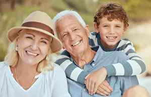 Grandparents Prints: Happy family, portrait of grandparents or boy at beach for summer fun