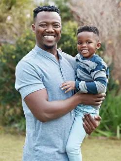 Black Family Prints: Happy, father or portrait of child in park for support in nature for care
