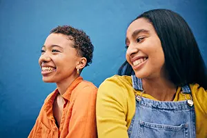 Gen Z Prints: Happy, friends and student with women on wall background for teenager