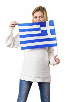 Nation Prints: Happy funny woman holding Greece greek national flag being patriotic loving her country