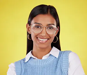 Successful Prints: Happy, glasses and portrait of woman in studio for business
