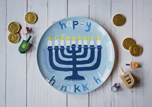 Tableware Prints: Happy Hanukkah plate, dreidels and chocolate coins on white wood