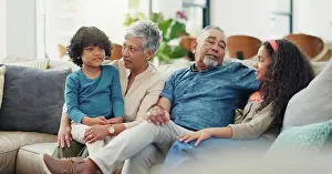 Grandfather Prints: Happy kids, relax and grandparents on sofa in home for bonding