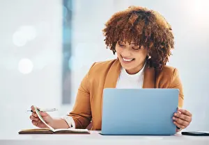 Networking Prints: Happy, laptop and notebook with black woman in office for networking