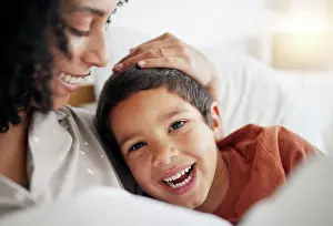 Happy, mom and portrait of child in bed with happiness