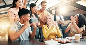 Happy People Prints: Happy people, team and meeting with applause on tablet for winning