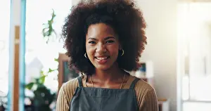 Artisan Prints: Happy, portrait and ceramics with black woman in studio for small business owner